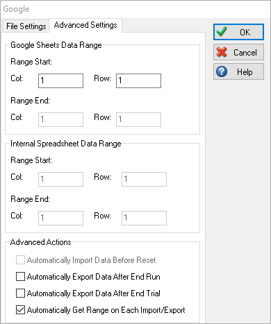 Simul8 Google Sheets Connection Advanced Settings