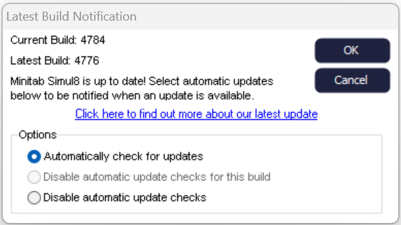 Simul8 Latest Build Notification Dialog