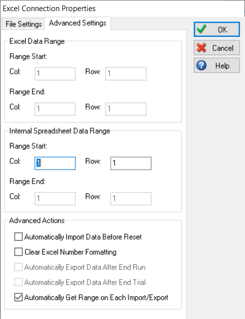 Simul8 Excel Connection Advanced Settings