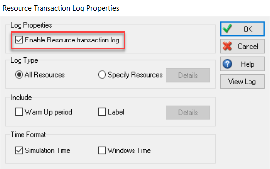 Simul8 Resource Transaction Log Properties