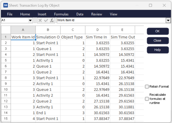 Simul8 Transaction Log by Object Results