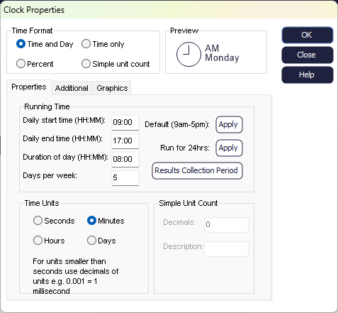 Simul8 Clock Properties Dialog