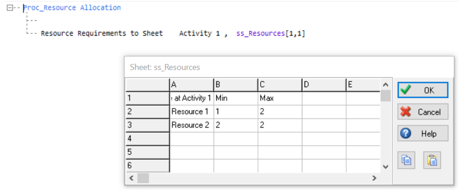 Simul8 Resource Requirements to Sheet