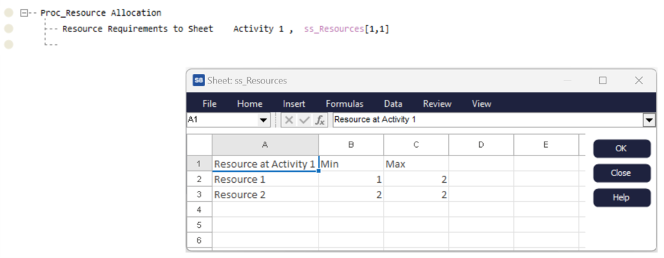 Simul8 Resource Requirements to Sheet