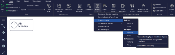 Simul8 Transaction Log by Object Ribbon