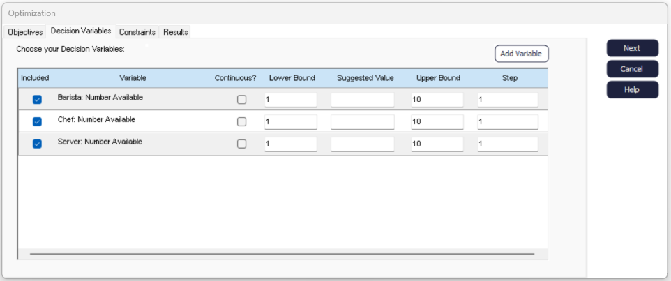 Simul8 OptQuest Decision Variables