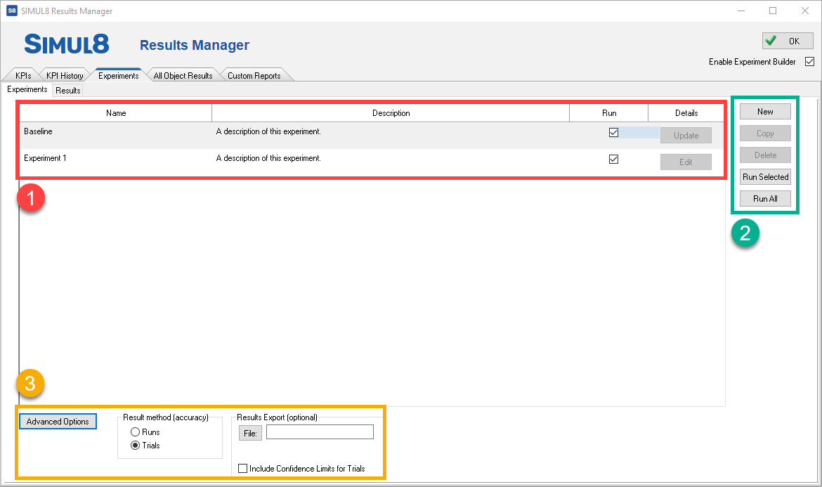 Simul8 Experiment Builder Window